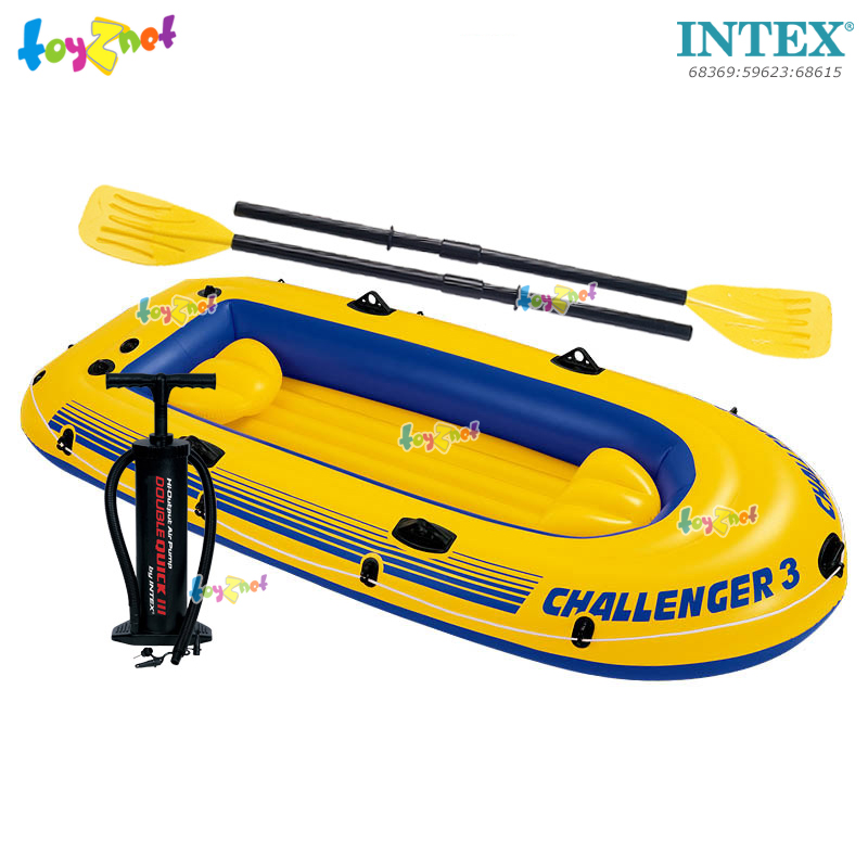 Intex Challenger 3 Boat (3 Persons) no.68369 + 2 Oars & DQIII Air Pump (Inflate/Deflate)