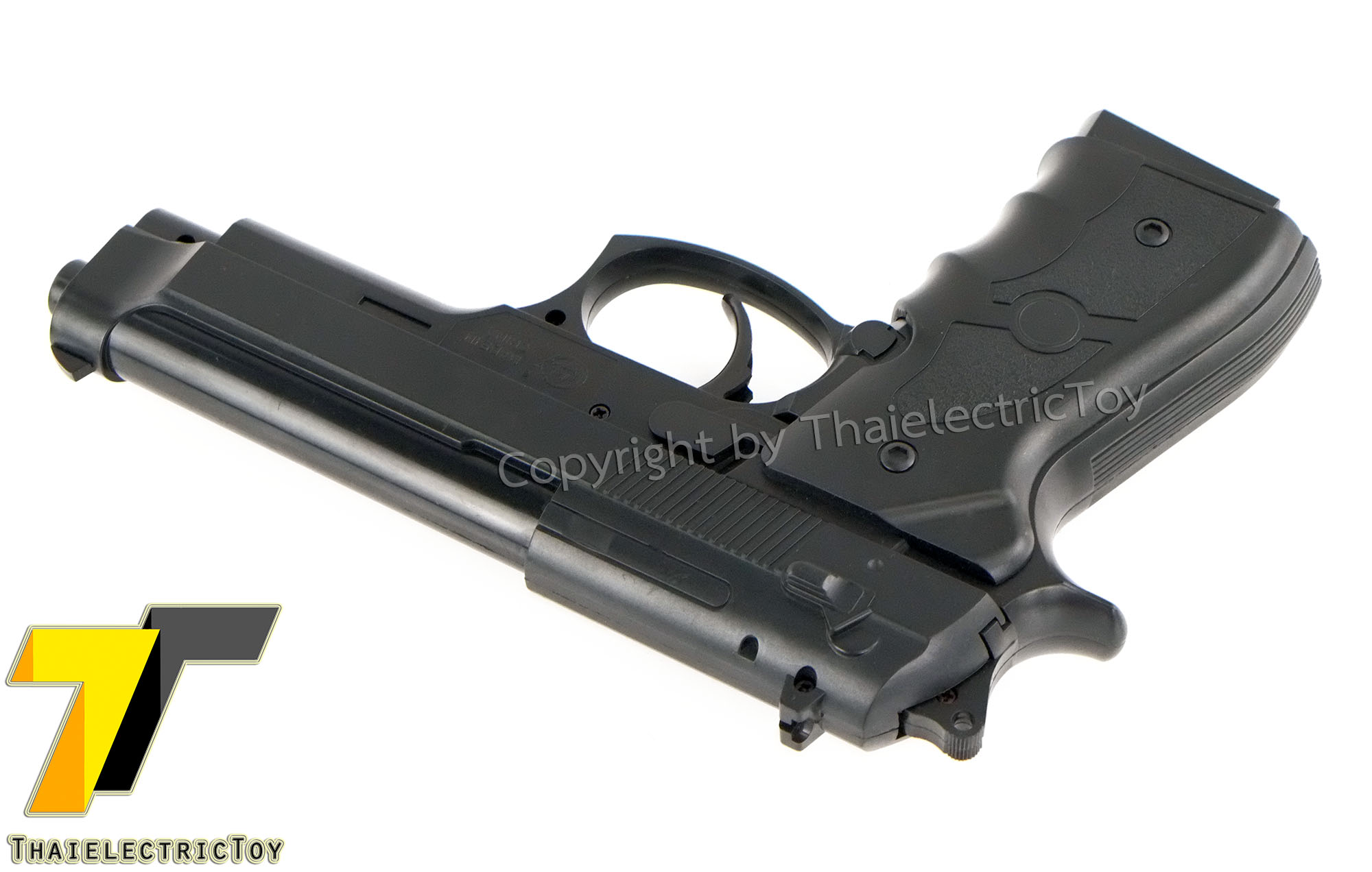 ปืนอัดลมพลาสติก Beretta ชักยิงทีล่ะนัด ลำกล้องยาว 7.5 นิ้ว หนัก 279 กรัม ใช้ลูกกระสุนพลาสติก 6 มิล