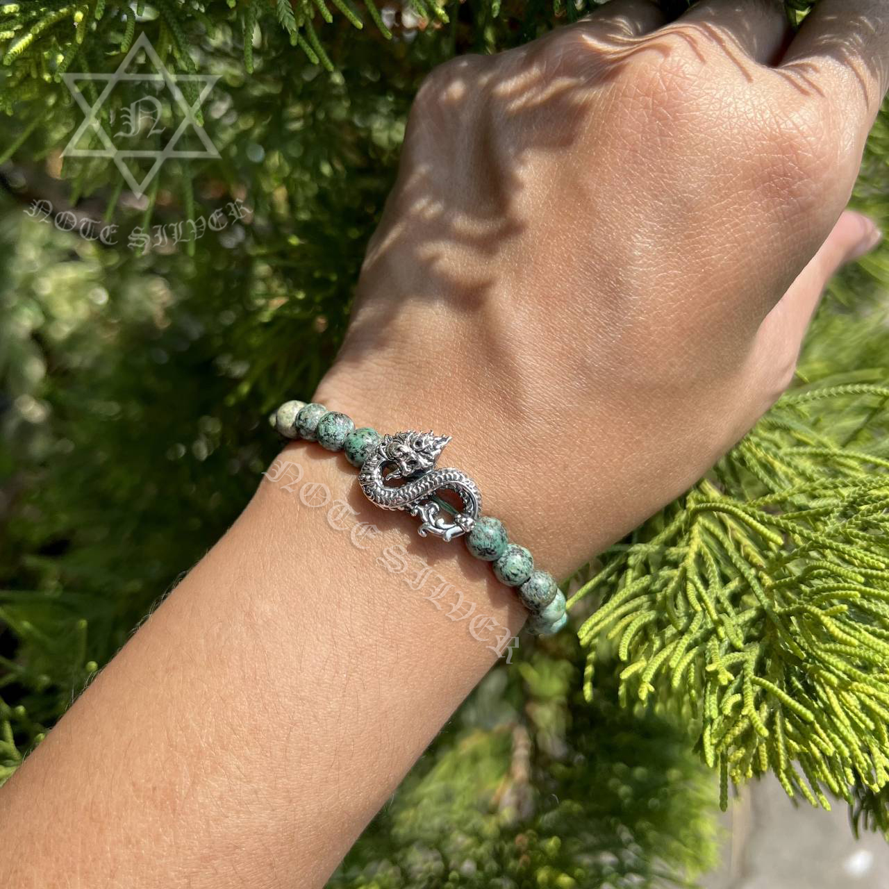 ข้อมือหินหินเทอควอยซ์ แอฟริกา African Turquoise ขนาด ๖มิล ประดับชาร์มพญานาคเงินแท้ Naga Charms Sterling Silver 925 NSSV3171