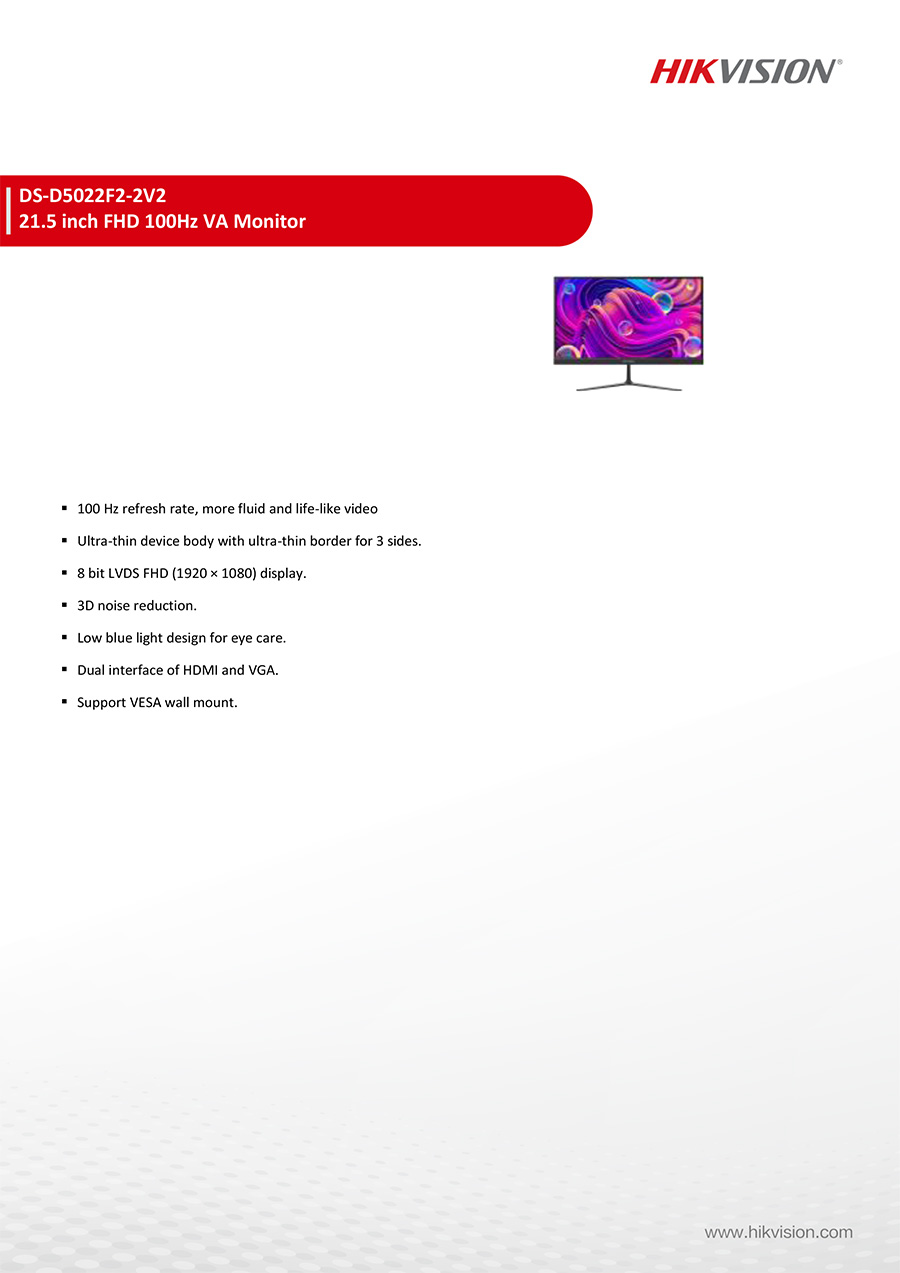 HIKVISION DS-D5022F2-2V2 : 21.5 inch FHD 100Hz VA Monitor BY BILLIONAIRE SECURETECH DS-D5022F2-2V2