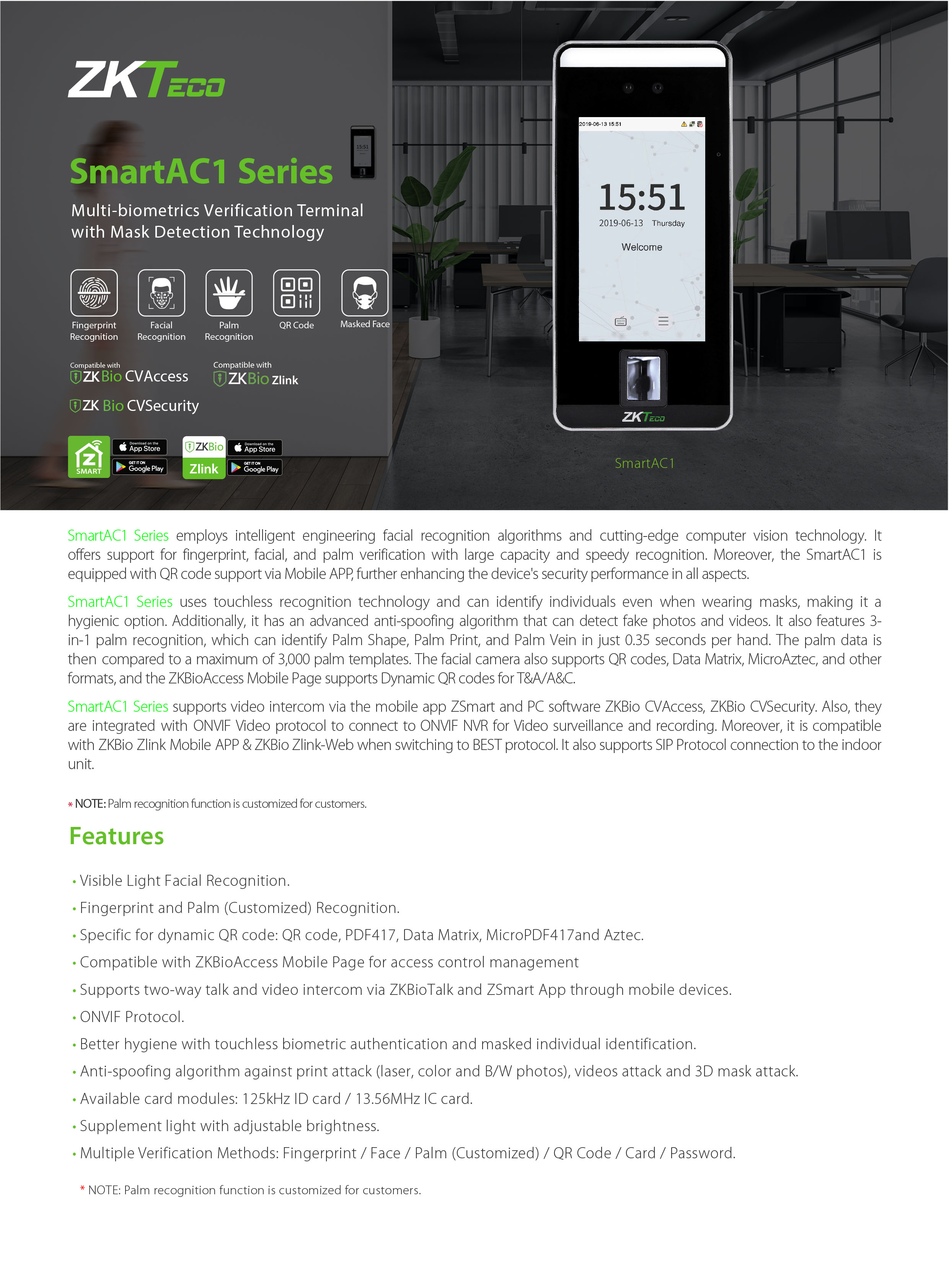 ZKTECO SmartAC1 Time Attendance เครื่องสแกนลายนิ้วมือ รองรับ 6,000 ใบหน้า / 6,000 ลายนิ้วมือ / 10,000 บัตร ควบคุมประตูเปิด-ปิด BY BILLIONAIRE SECURETECH SmartAC1