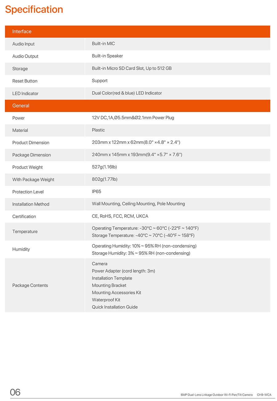 TENDA CH9-WCA 6MP Dual-Lens Linkage Outdoor Wi-Fi Pan/Tilt Camera BY BILLIONAIRE SECURETECH CH9-WCA