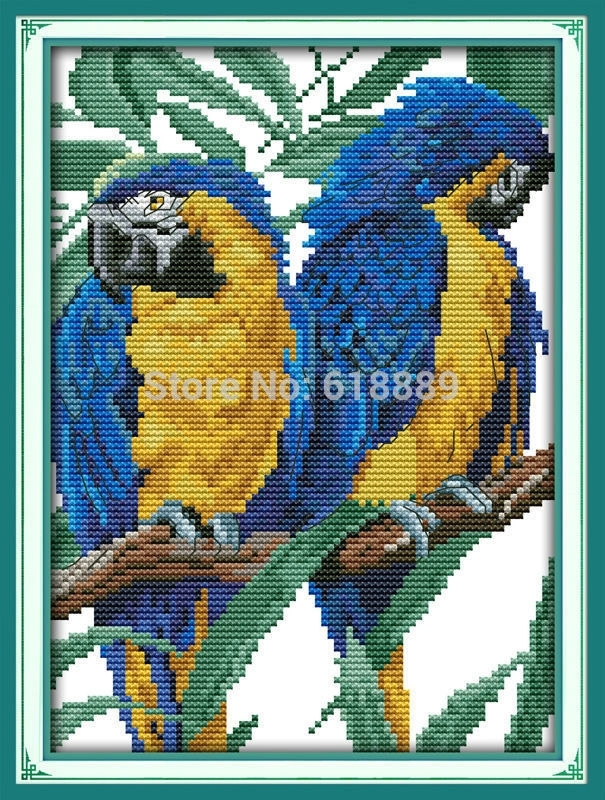 parrot-1005 *พร้อมส่ง* ชุดปักครอสติช ลายคู่นกแก้วมาคอว์ (ผ้า11CTพิมพ์ลาย ปัก 3 เส้นเล็ก) ขนาด 24*35 ซม.ผ้าครอสติช 11CTพิมพ์ลายปักบนผ้า ไหมคอตตอน 35 สี ผังลาย เข็ม