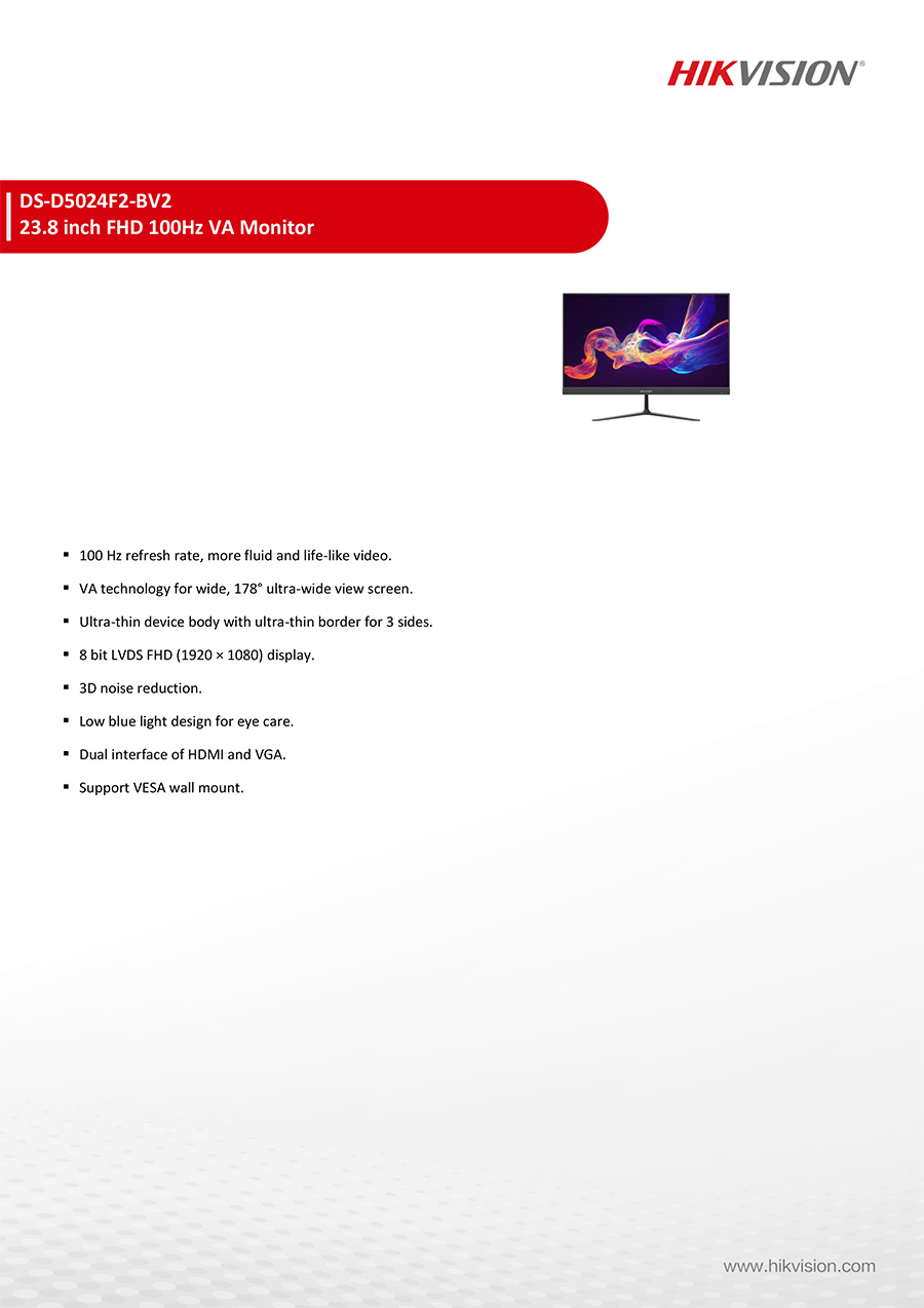 HIKVISION DS-D5024F2-BV2 : 23.8 inch FHD 100Hz VA Monitor BY BILLIONAIRE SECURETECH DS-D5024F2-BV2