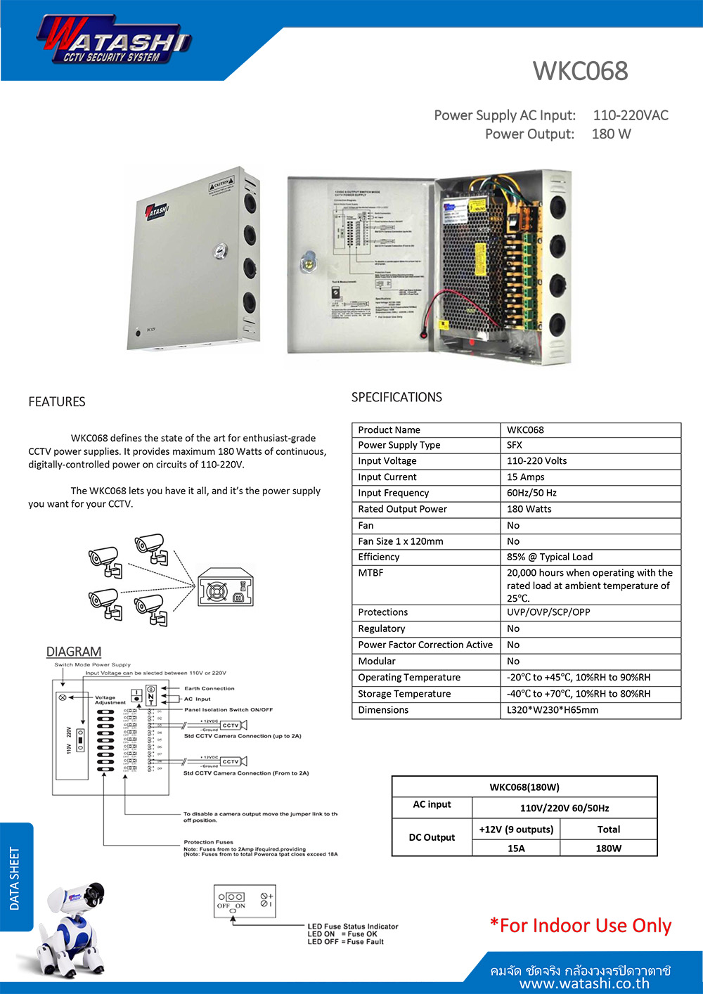 WATASHI WKC068 CCTV Power Supply 12V 15A แบบกล่องเหล็ก BY Billionaire Securetech WKC068