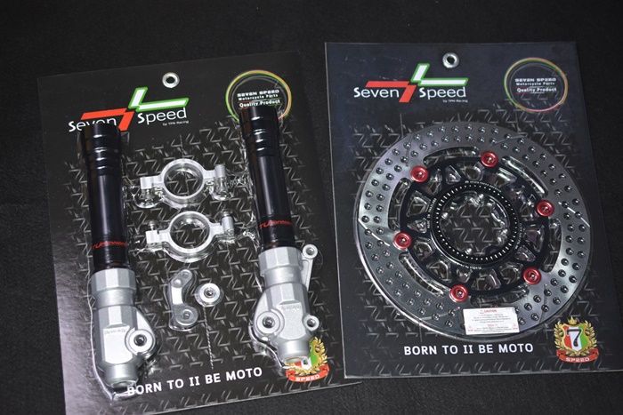 กระบอกโช็คหน้าแต่ง sevenspeed พร้อมขาปั้มเดิม สีทอง ดำ จานโต sevenspeed Honda Click 160 ราคาชุดละ5500