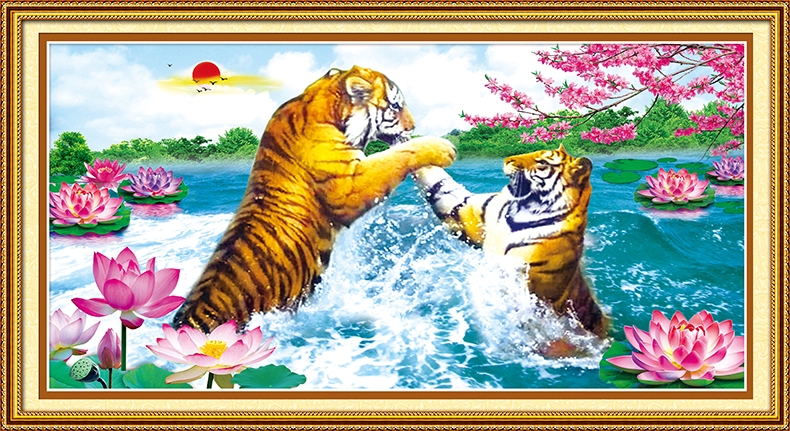 tiger-1110 *สินค้าหมด* ชุดปักครอสติช ลาย 2 พยัคฆ์ (ไม่มีเดินเส้น ปักครั้งละ 3 เส้นเล็ก) ขนาด 98*53 ซม.ผ้าครอสติช 11CTพิมพ์ลายปักบนผ้า ไหมคอตตอน 33 สี ผังลาย เข็ม