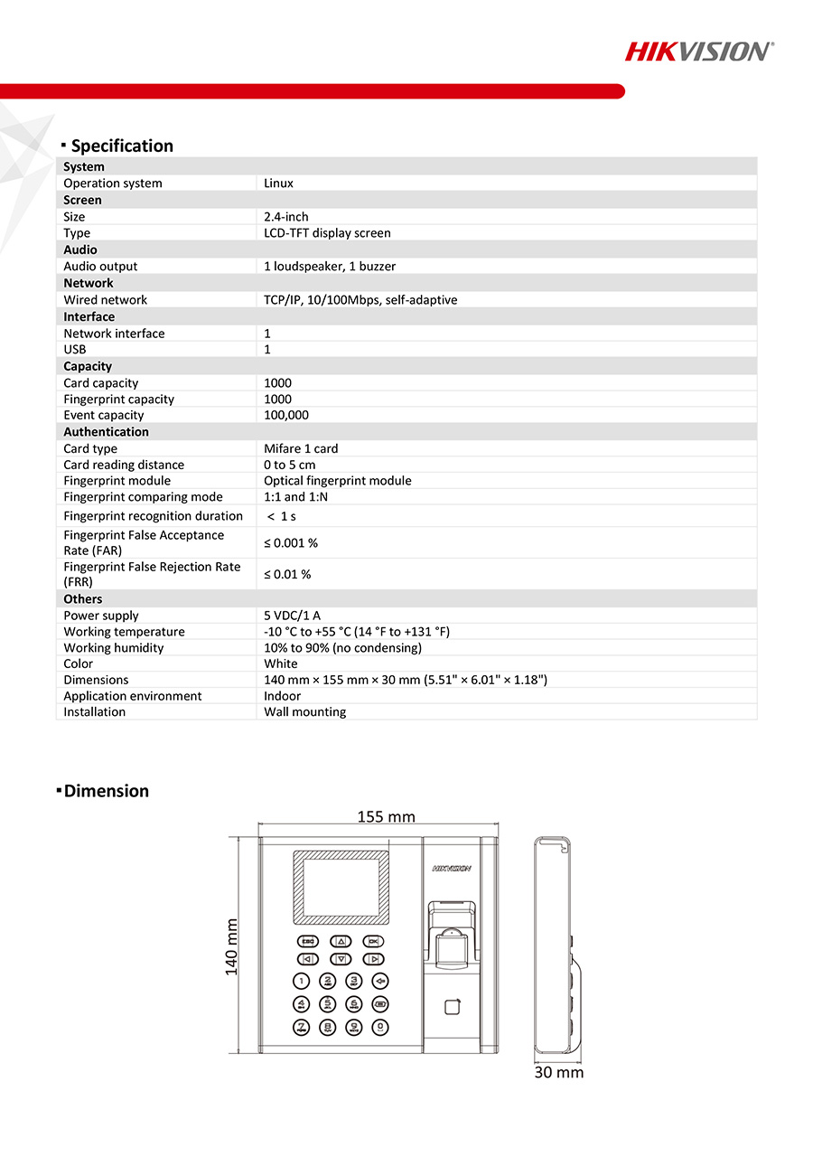HIKVISION DS-K1A8503MF Fingerprint Time Attendance Terminal เครื่องสแกนลายนิ้วมือลงเวลาทำงาน รองรับ 1,000 นิ้วมือ / 100,000 รายการ BY BILLIONAIRE SECURETECH DS-K1A8503MF