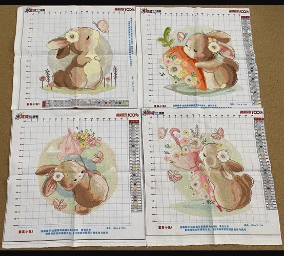 rabbit-1021 *สินค้าหมด* ชุดปักครอสติช ลายเซต 4 ชิ้น กระต่ายน้อย (ไม่มีเดินเส้น ผ้า11CTพิมพ์ลาย ปัก 3 เส้นเล็ก) ขนาดภาพละ 50*50 ซม.ผ้าครอสติช 11CTพิมพ์ลายปักบนผ้า ไหมคอตตอน 115 สี ผังลาย เข็ม