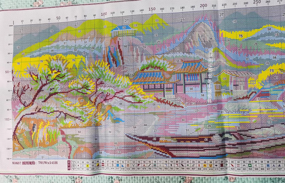 view-1122 *สินค้าหมด* ชุดปักครอสติช ลายสองฝั่งแม่น้ำ (ปักเต็มผืนผ้า ไม่มีเดินเส้น ผ้า11CTพิมพ์ลาย ปัก 3 เส้นเล็ก) ขนาด 175*45 ซม.ผ้าครอสติช 11CTพิมพ์ลายปักบนผ้า ไหมคอตตอน 75 สี ผังลาย เข็ม