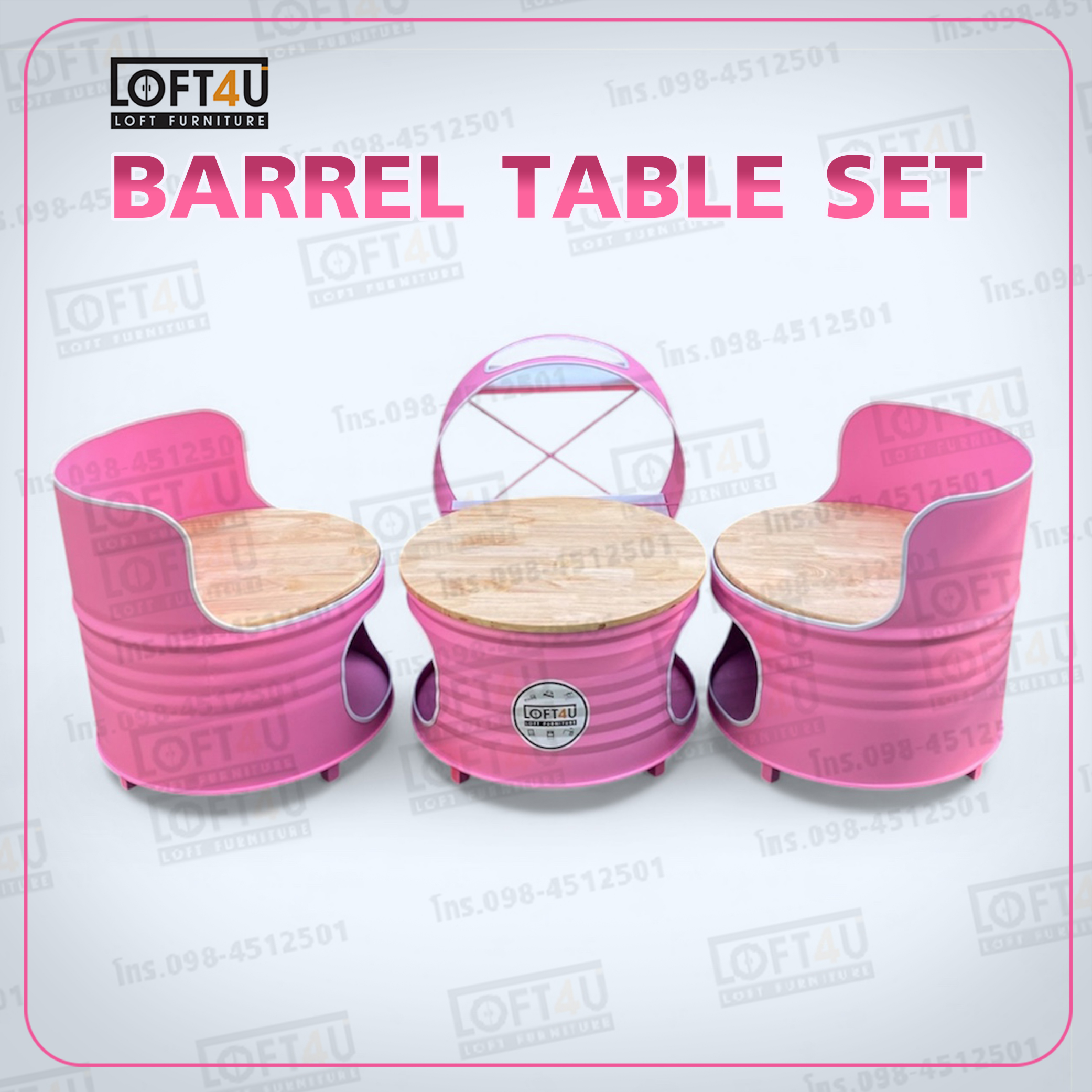 Cafe Table Set + drink shelf : wooden cushion / 2 seats