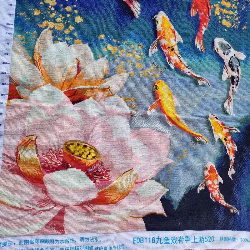 pla-1154 *สินค้าหมด* ชุดปักครอสติช ลาย 9 ปลาคาร์ปในบึงบัว (ปักเต็มผืนผ้า ไม่มีเดินเส้น ผ้า11CTพิมพ์ลาย ปัก 3 เส้นเล็ก) ขนาด 50*90 ซม.ผ้าครอสติช 11CTพิมพ์ลายปักบนผ้า ไหมคอตตอน 36 สี ผังลาย เข็ม