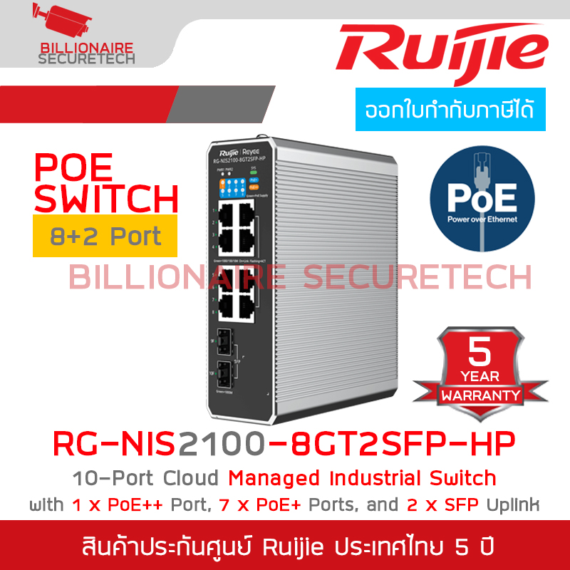 RUIJIE RG-NIS2100-8GT2SFP-HP , 10-Port Cloud Managed Industrial Switch, with 1 x PoE++ Port, 7 x PoE+ Ports, and 2 x SFP Uplink Ports BY BILLIONAIRE SECURETECH RG-NIS2100-8GT2SFP-HP