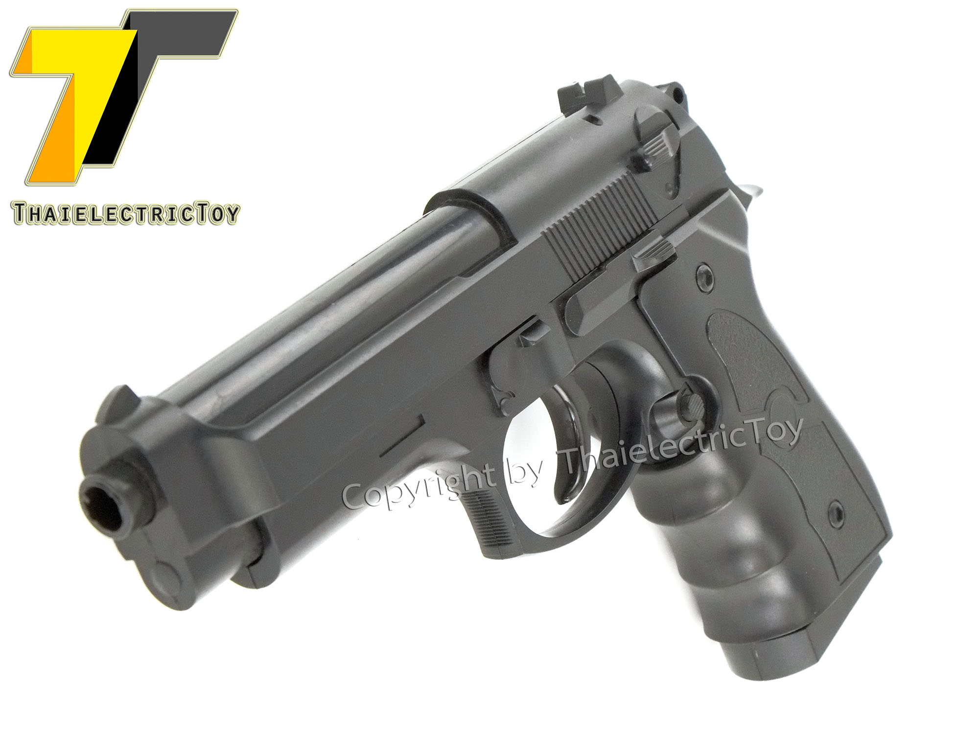 ปืนอัดลมพลาสติก Beretta ชักยิงทีล่ะนัด ลำกล้องยาว 7.5 นิ้ว หนัก 279 กรัม ใช้ลูกกระสุนพลาสติก 6 มิล