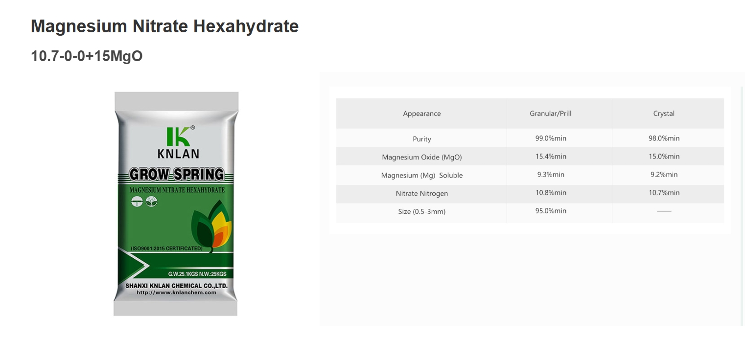 KNLAN Magnesium Nitrate Hexahydrate Crystal Mg(NO₃ )₂•6H₂O แมกนีเซียมไนเตรท แบบเกล็ด GROW SPRING 10-0-0+9Mg) บรรจุ 25 กิโลกรัม