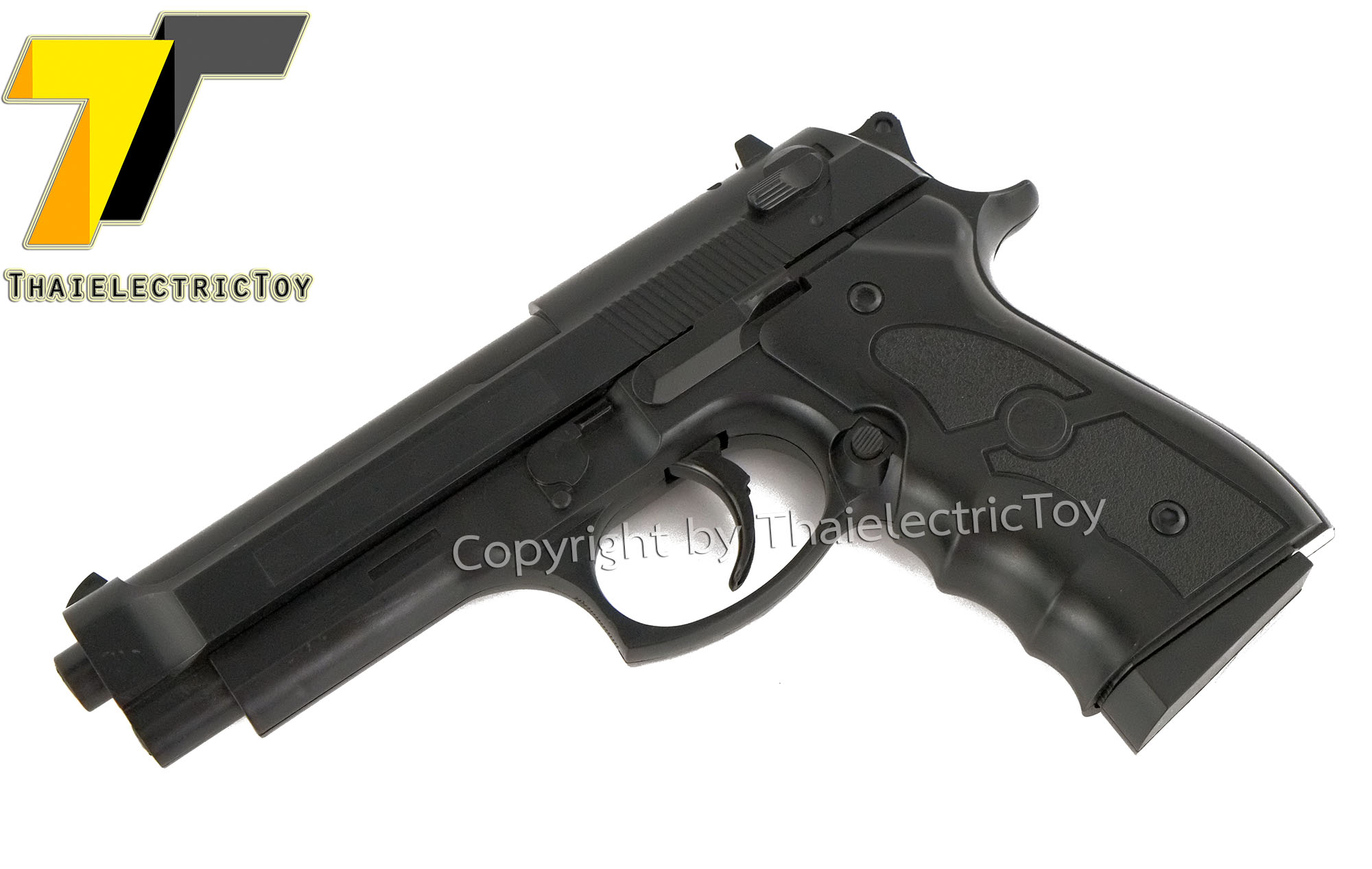 ปืนอัดลมพลาสติก Beretta ชักยิงทีล่ะนัด ลำกล้องยาว 7.5 นิ้ว หนัก 279 กรัม ใช้ลูกกระสุนพลาสติก 6 มิล