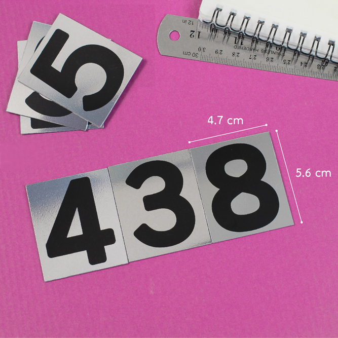 ขนาดแผ่นตัวเลข 0-9 4.7x5.6ซม. สีฟอยล์เงิน TL-400-410