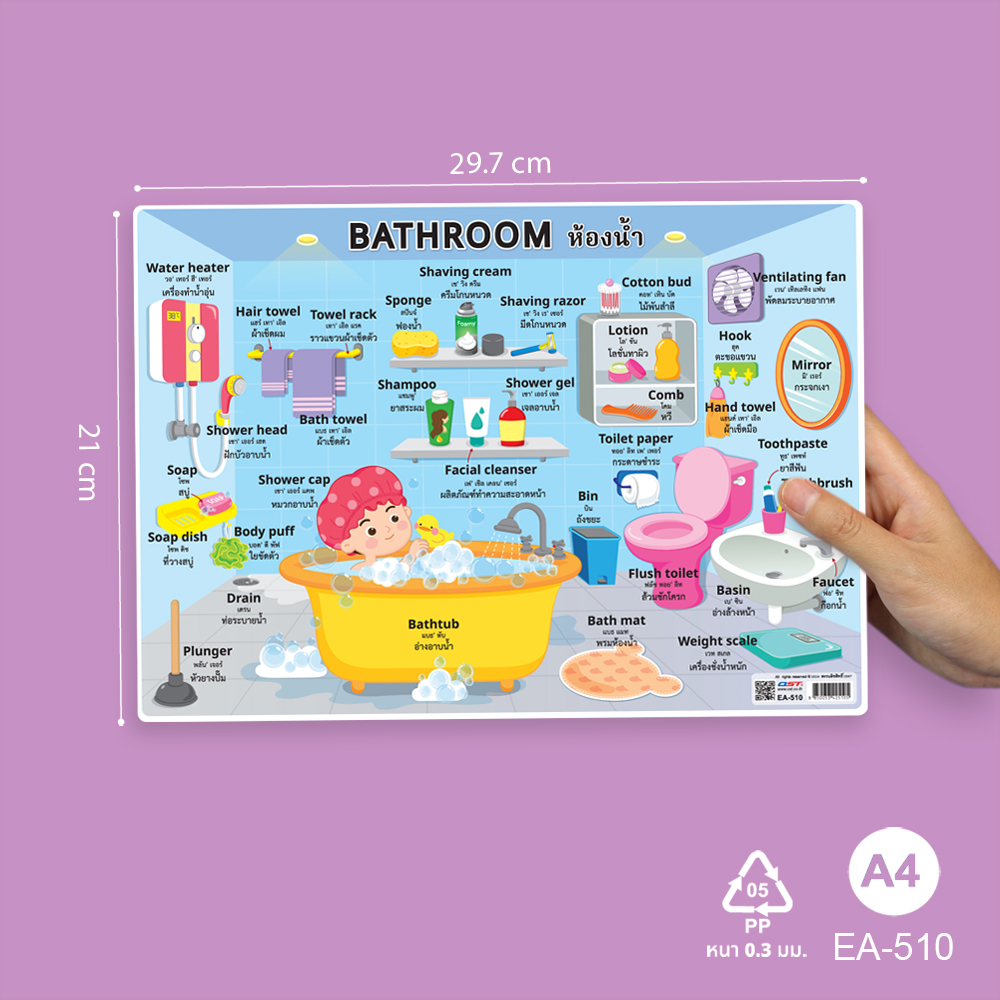 โปสเตอร์ความรู้ ชุดคำศัพท์ใช้บ่อย ในบ้าน ขนาดA4 EA-510 ห้องน้ำ Bathroom