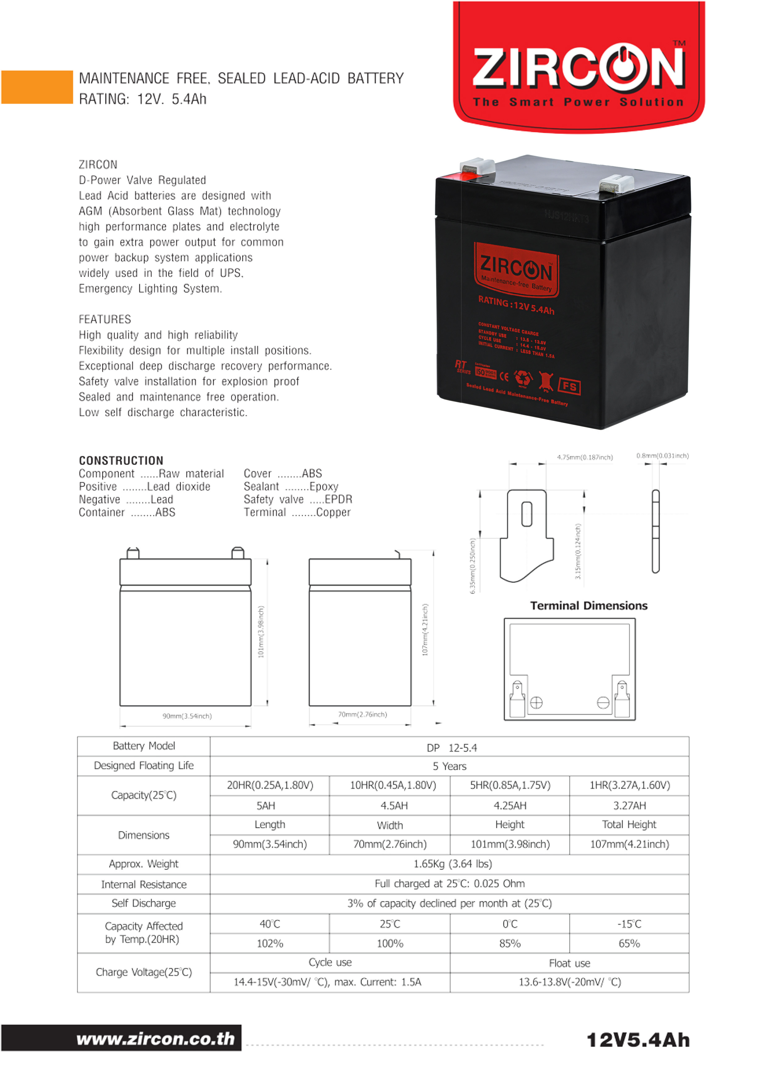 ZIRCON Battery 12V 5.4Ah : Sealed Lead-acid Battery (SLA Battery) แบตเตอรี่สำหรับเครื่องสำรองไฟ แบบแห้ง แบบปิดผนึก ไม่ต้องเติมน้ำกลั่นBY BILLIONAIRE SECURETECH ZIRCON Battery 12V 5.4Ah