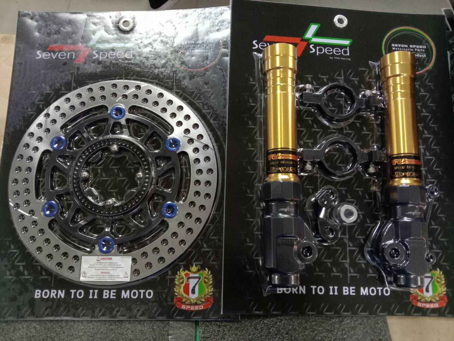 กระบอกโช็คหน้าแต่ง sevenspeed พร้อมขาปั้มเดิม สีทอง ดำ จานโต sevenspeed Honda Click 160 ราคาชุดละ5500