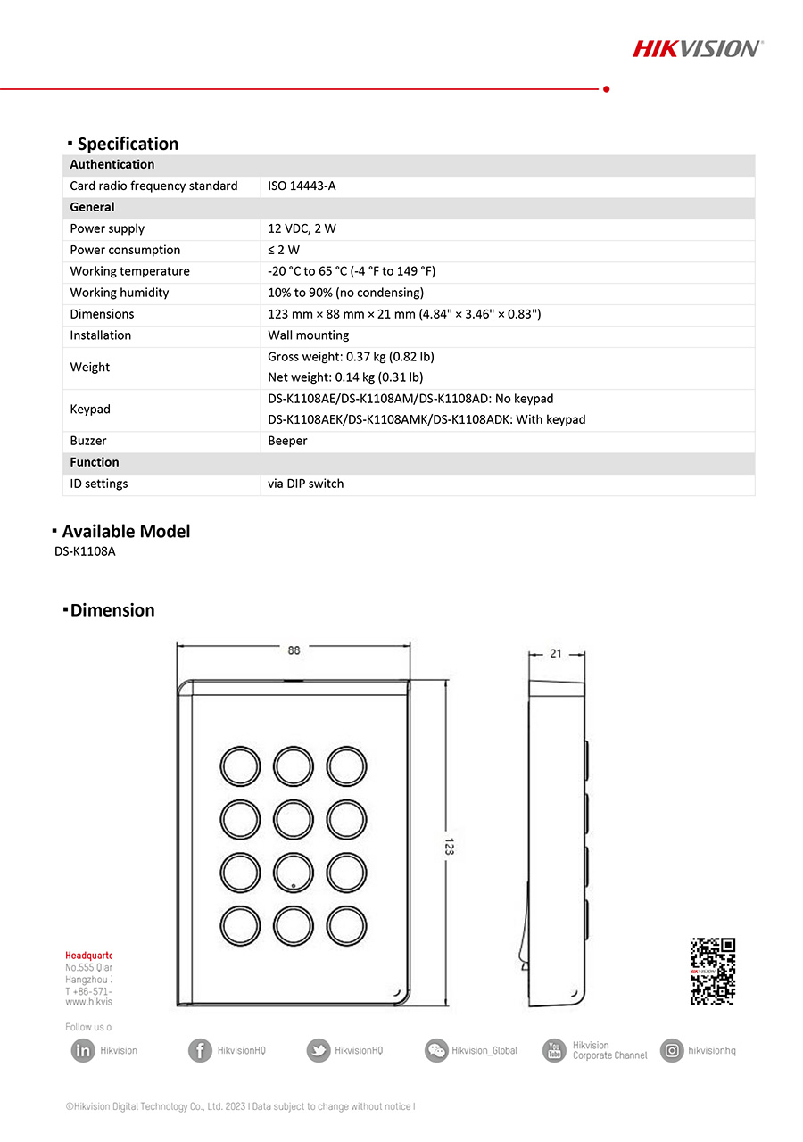 HIKVISION DS-K1108AMK Pro 1108A Series Card Reader , Support M1 card BY BILLIONAIRE SECURETECH DS-K1108AMK