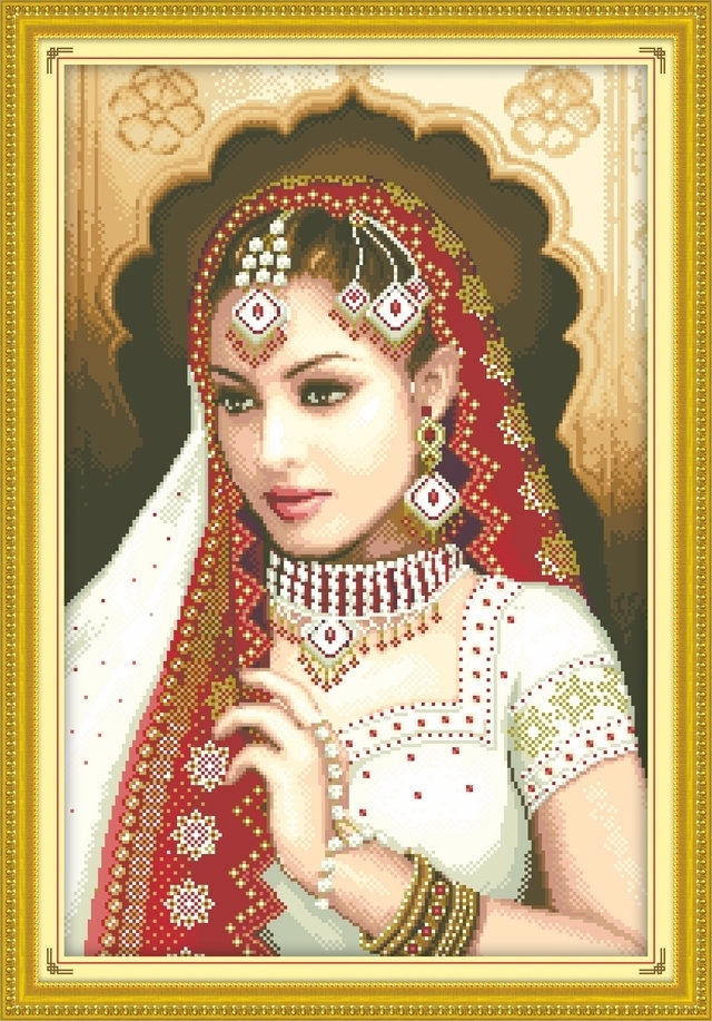 lady-1109 *สินค้าหมด* ชุดปักครอสติช ลายสาวอินเดีย (ปักเต็มผืนผ้า ไม่มีเดินเส้น ผ้า11CTพิมพ์ลาย ปัก 3 เส้นเล็ก) ขนาด 55*75 ซม.ผ้าครอสติช 11CTพิมพ์ลายปักเต็มลายผ้า+ไหมคอตตอน 27 สี+ผังลาย+เข็ม