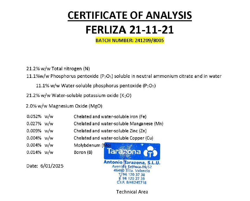 ปุ๋ยเกล็ด เฟอร์ลิซ่า Ferliza (Tarazona สเปน) สุตร 21-11-21 +ChelateTE สำหรับบำรุงต้นใบและผล บรรจุ 25 กิโลกรัม
