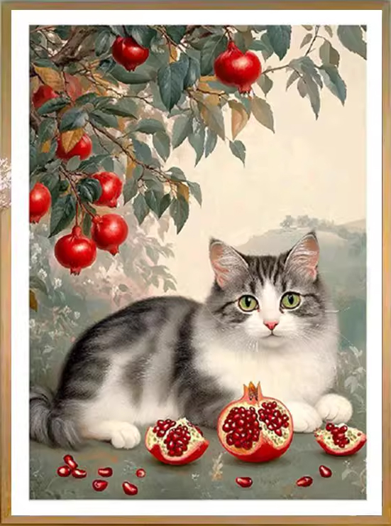 cat-1142 *สินค้าหมด* ชุดปักครอสติช ลายแมวน้อยทับทิม (ปักเต็มผืนผ้า ไม่มีเดินเส้น ผ้า11CTพิมพ์ลาย ปัก 3 เส้นเล็ก) ขนาด 50*70 ซม.ผ้าครอสติช 11CT พิมพ์ลายปักบนผ้า ไหมคอตตอน 31 สี ผังลาย เข็ม