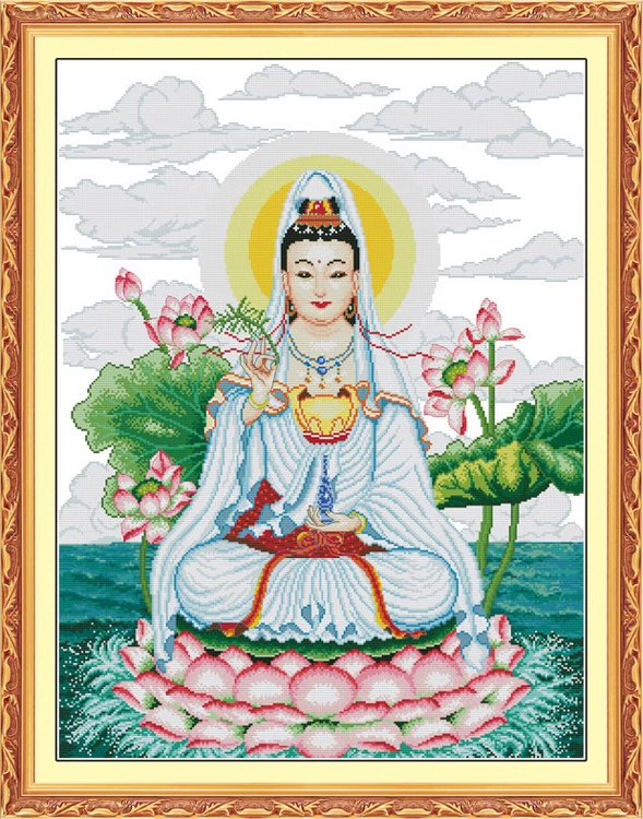 tep-1053 *สินค้าหมด* ชุดปักครอสติช ลายพระโพธิสัตว์กวนอิม (ปักครั้งละ 3 เส้นเล็ก) ขนาด 71*91 ซม ผ้าครอสติช 11CTพิมพ์ลายปักบนผ้า ไหมคอตตอน 50 สี ผังลาย เข็ม