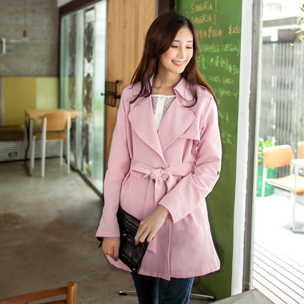 (พร้อมส่ง)Autumn Coat ผ้า Double Side Cotton กระดุมหน้า 2 แถว คอปก มาพร้อมผ้าผูกเอว สีชมพู (M-L)