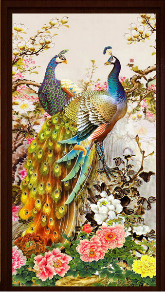 peacock-2020 *สินค้าหมด* ชุดภาพติดคริสตัลกลม ลายนกยูงคู่ในสวนดอกไม้มงคล (งานติดเต็มภาพ) ขนาด 40*70 ซม.ผ้าแคนวาส ลงกาวติดเต็มลาย+คริสตัลกลม 36 สี+อุปกรณ์ครบชุด