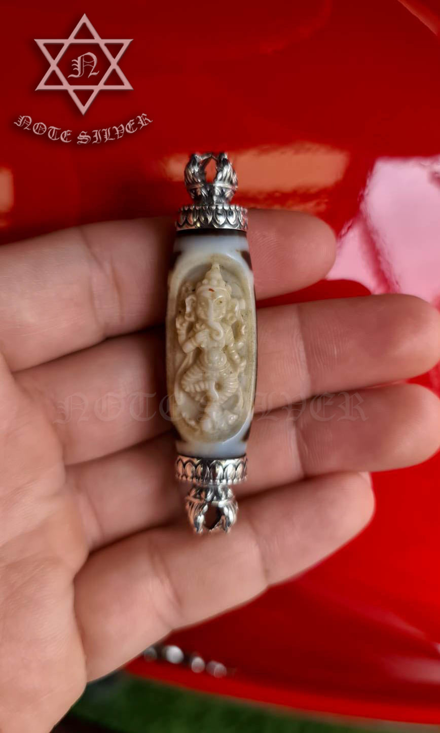 เลี่ยมหินทิเบต หัวและท้ายลายวัชระ Sterling Silver 925 NSSV3247