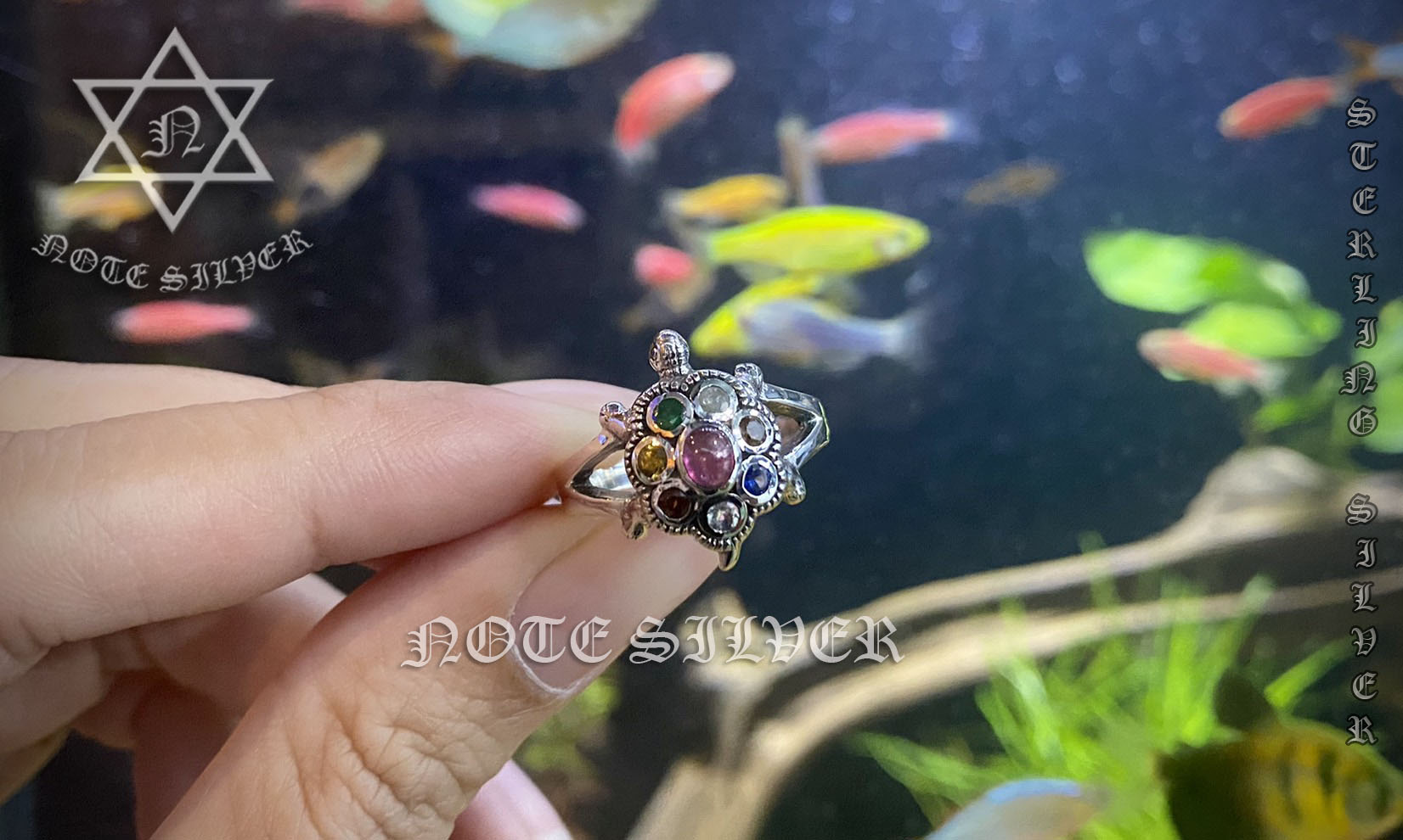 แหวนเต่านพเก้า ฝังเพชรแท้พลอยแท้ แหวนเงินแท้ Sterling Silver 925 NSRG2793