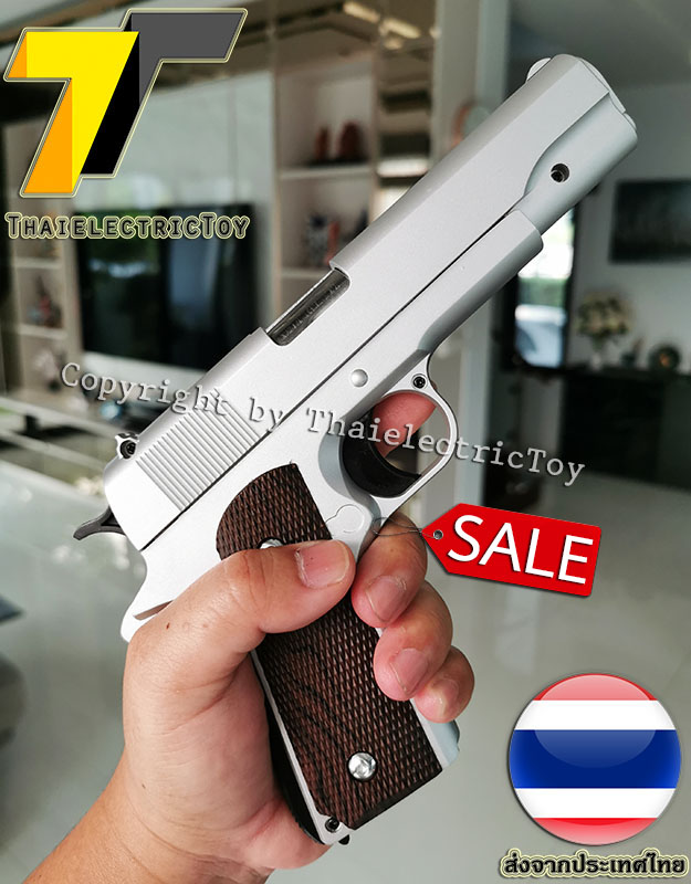 ปืนอัดลมเหล็ก ชักยิงทีล่ะนัด Colt 1911 สีบอร์นเงิน ลำกล้องยาว 7.5 นิ้ว นกสับได้ เซพตี้สไลน์ แมคเหล็ก หนัก 579 กรัม ใช้ลูกกระสุนพลาสติก 6 มิล