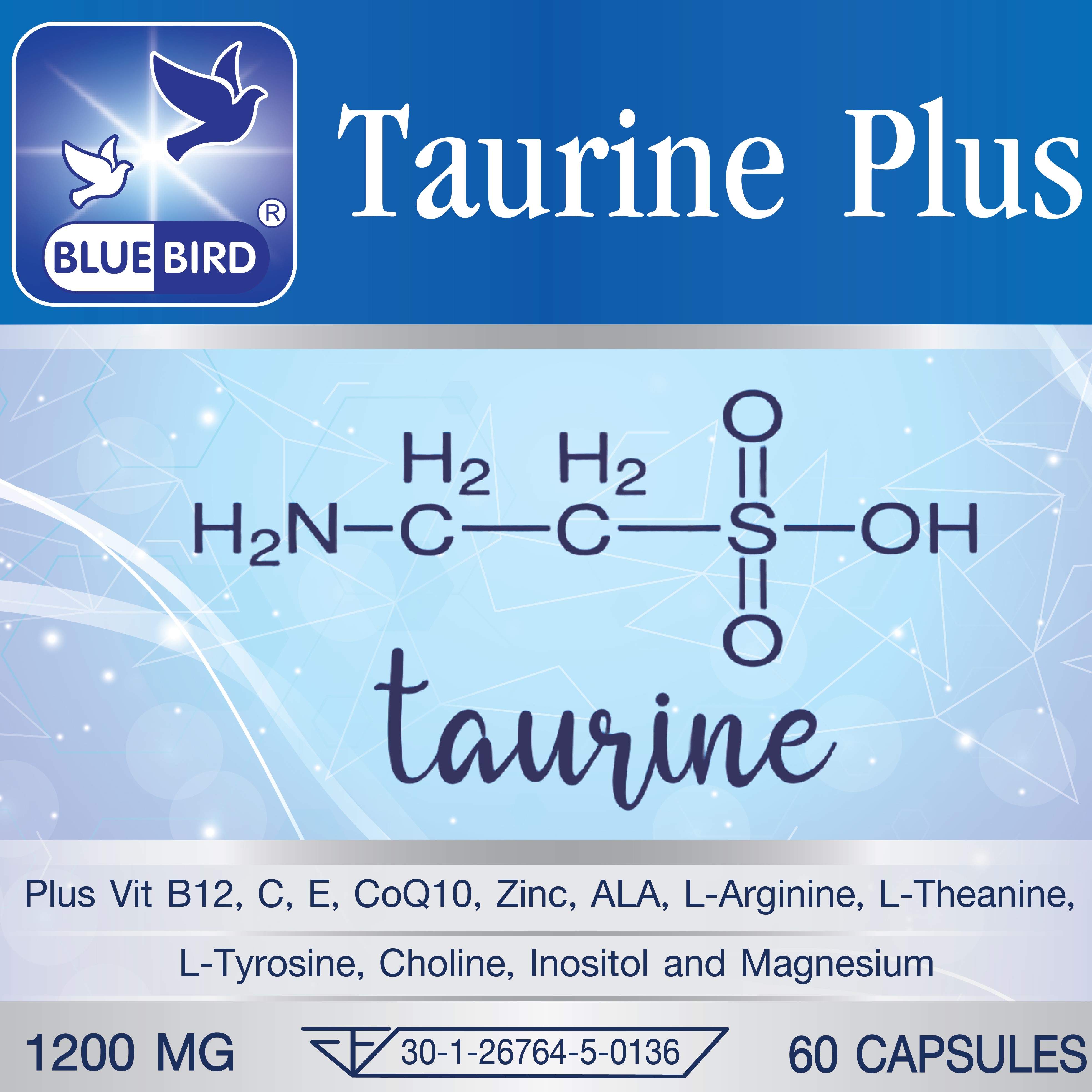 ทอรีน พลัส Taurine Plus ตรา บลูเบิร์ด ขนาด 1200 มก. 60 แคปซูล