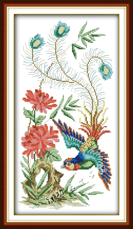 phoenix-1018 *สินค้าหมด* ชุดปักครอสติช ลายนกฟินิกซ์กับดอกไม้ ขนาด 32*54 ซม.ผ้าครอสติช 11CTพิมพ์ลายปักบนผ้า ไหมคอตตอน 22 สี ผังลาย เข็ม