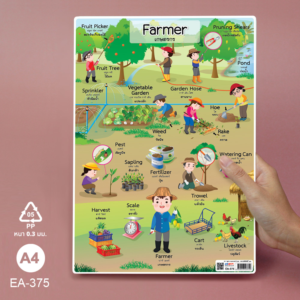 โปสเตอร์พลาสติก ความรู้ ชุดคำศัพท์อาชีพ ขนาดA4 EA-375 เกษตรกร