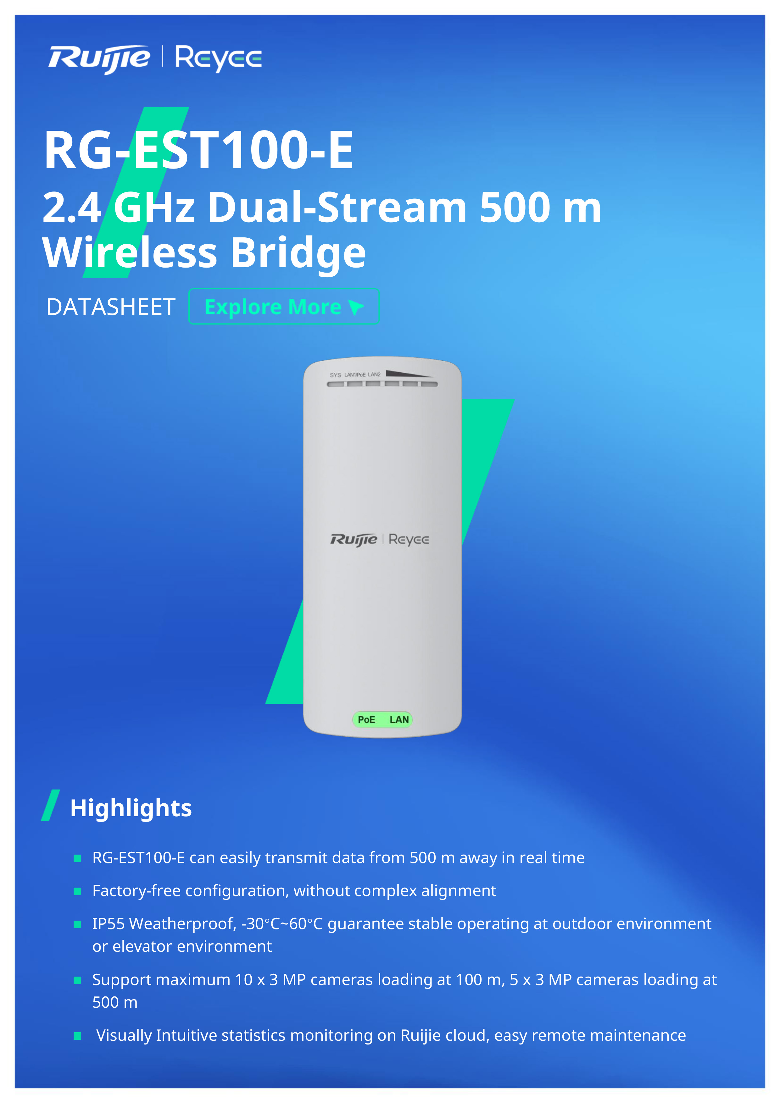 RUIJIE RG-EST100-E Wireless Bridge 2.4GHz, 500M., Dual Stream, IP55 BY BILLIONAIRE SECURETECH RG-EST100-E