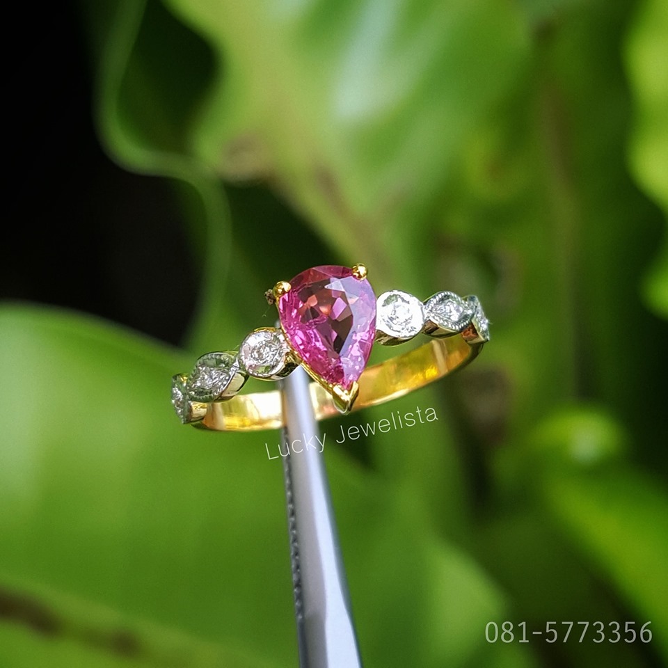 แหวนพลอยพิ้งค์แซฟไฟร์ Pink Sapphire พลอยสด สีชมพู ทรงหยดน้ำ