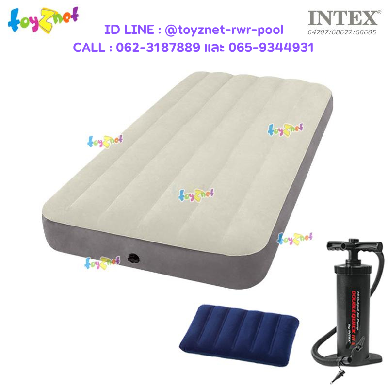 Intex Dura-Beam Airbed 3.5ft (Twin) 0.99x1.91x0.25 m no.64707 + Intex Pillow & DQIII-S Air Pump (Inflate/Deflate)