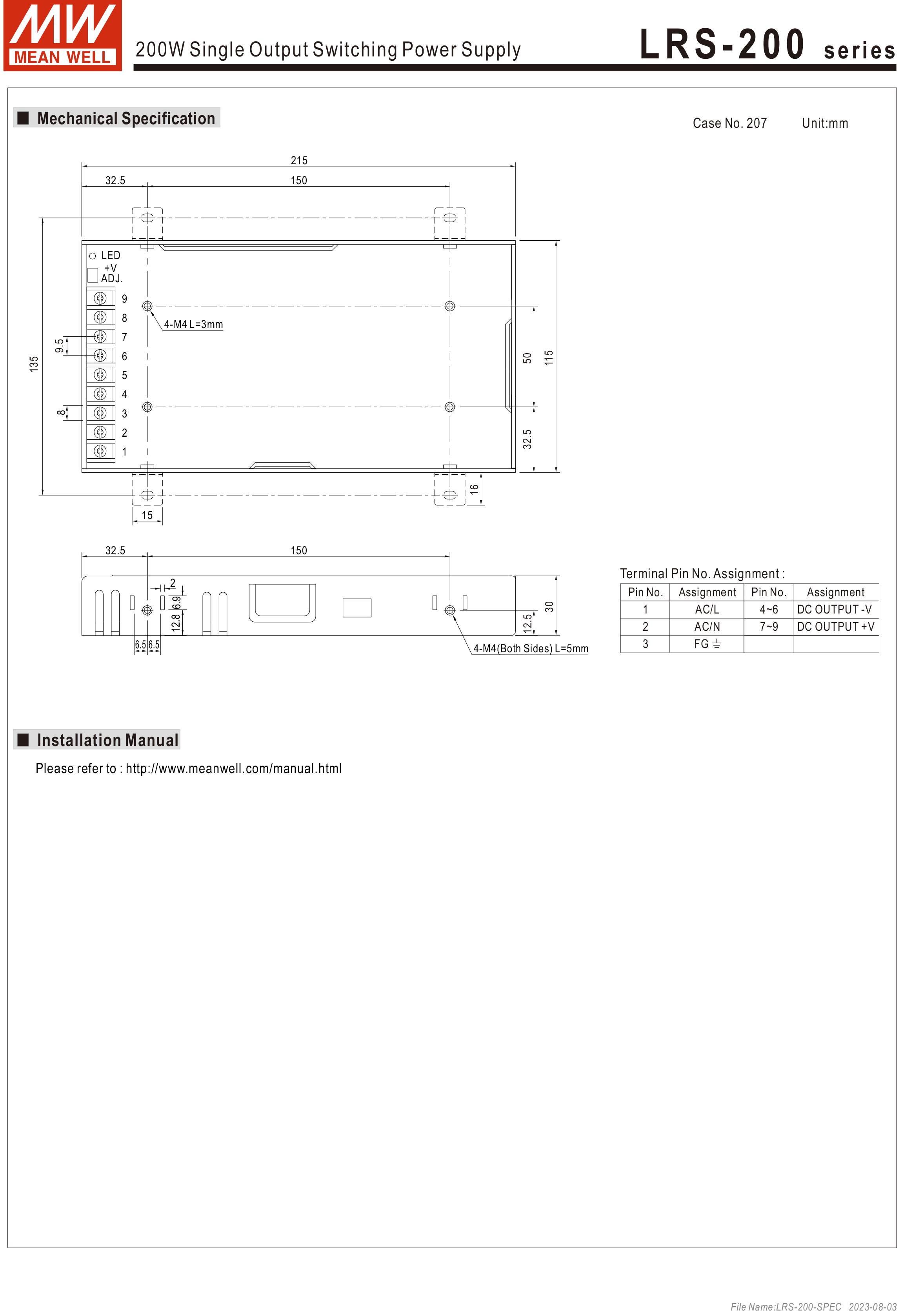 MEANWELL LRS-200-24 SWITCHING POWER SUPPLY 24V 8.8A LRS-200-24