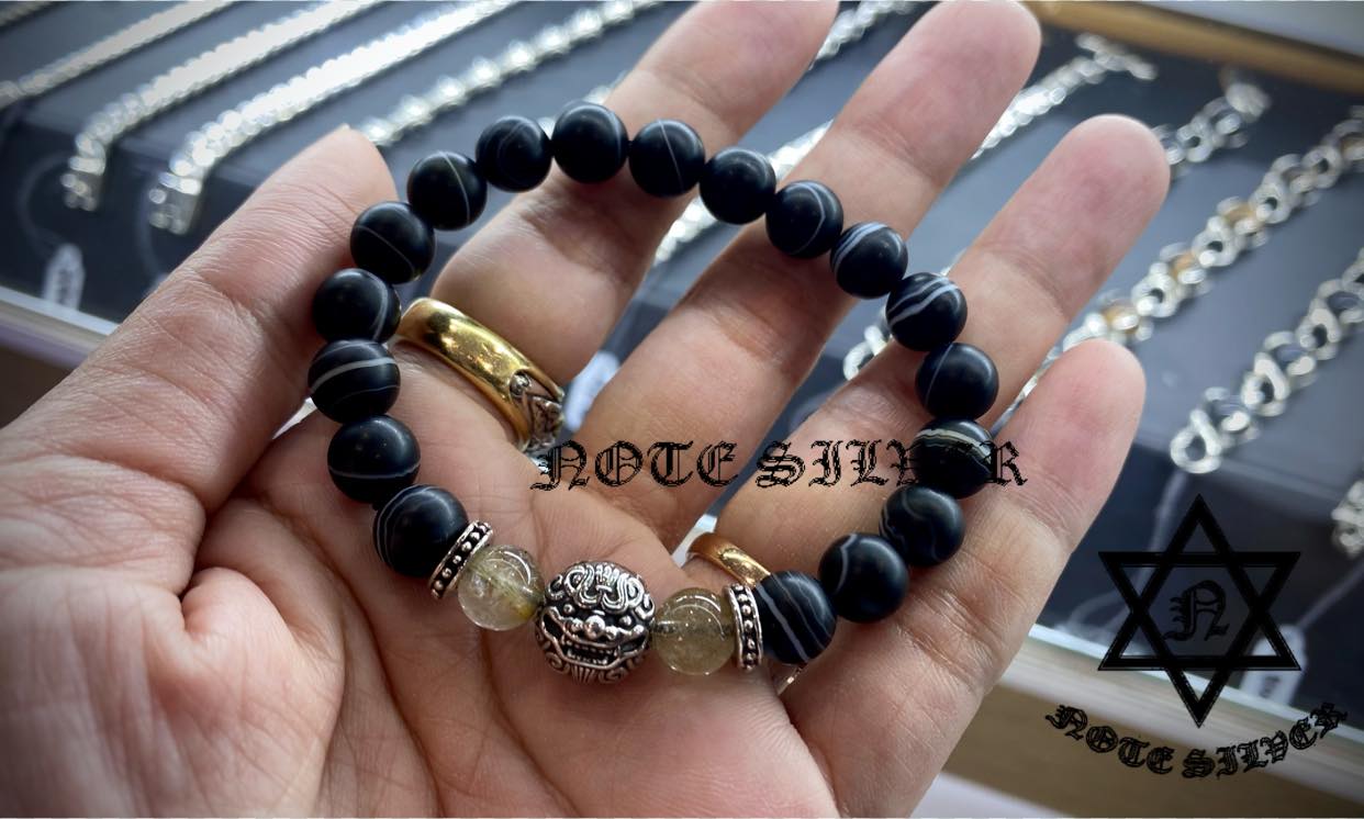 ข้อมือหินเบนเดต 8MM ประดับ ชาร์มสิงโตจีนเนื้อเงินแท้ Chinese guardian lions Sterling Silver beads 925 NSBL2801