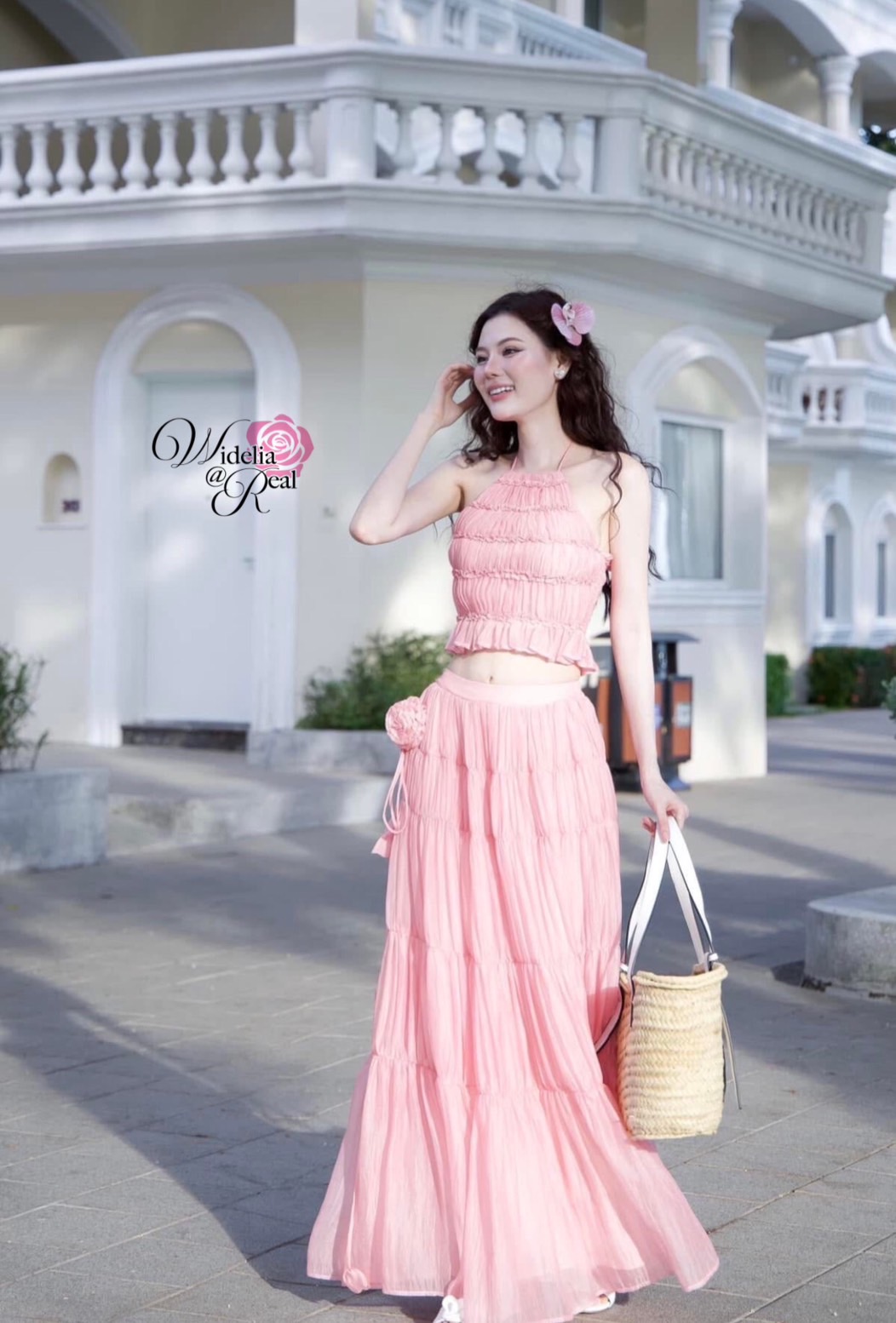 Korea Set เสื้อคล้องคอกับกระโปรงยาว เย็บเอกไม้ด้านข้าง