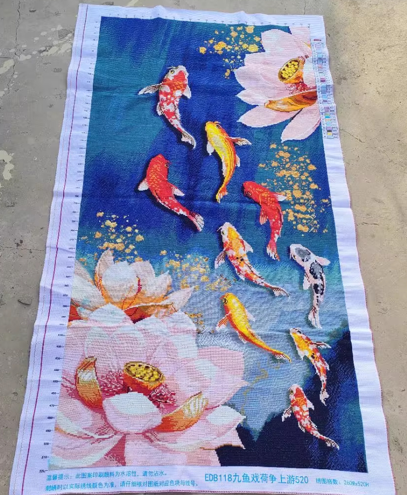 pla-1154 *สินค้าหมด* ชุดปักครอสติช ลาย 9 ปลาคาร์ปในบึงบัว (ปักเต็มผืนผ้า ไม่มีเดินเส้น ผ้า11CTพิมพ์ลาย ปัก 3 เส้นเล็ก) ขนาด 50*90 ซม.ผ้าครอสติช 11CTพิมพ์ลายปักบนผ้า ไหมคอตตอน 36 สี ผังลาย เข็ม