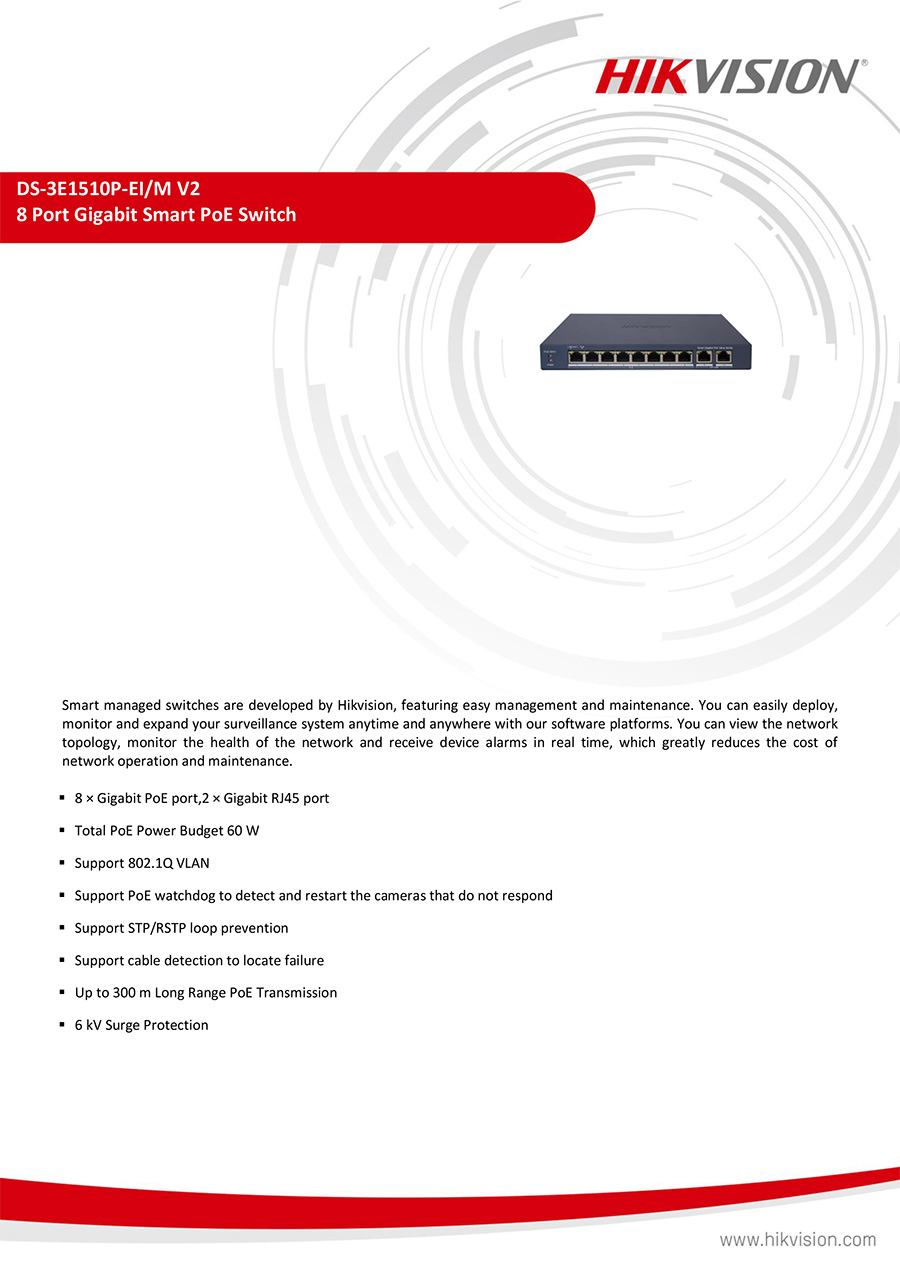 HIKVISION DS-3E1510P-EI/M 8 Port Gigabit Smart POE Switch 65W BY BILLIONAIRE SECURETECH DS-3E1510P-EI/M