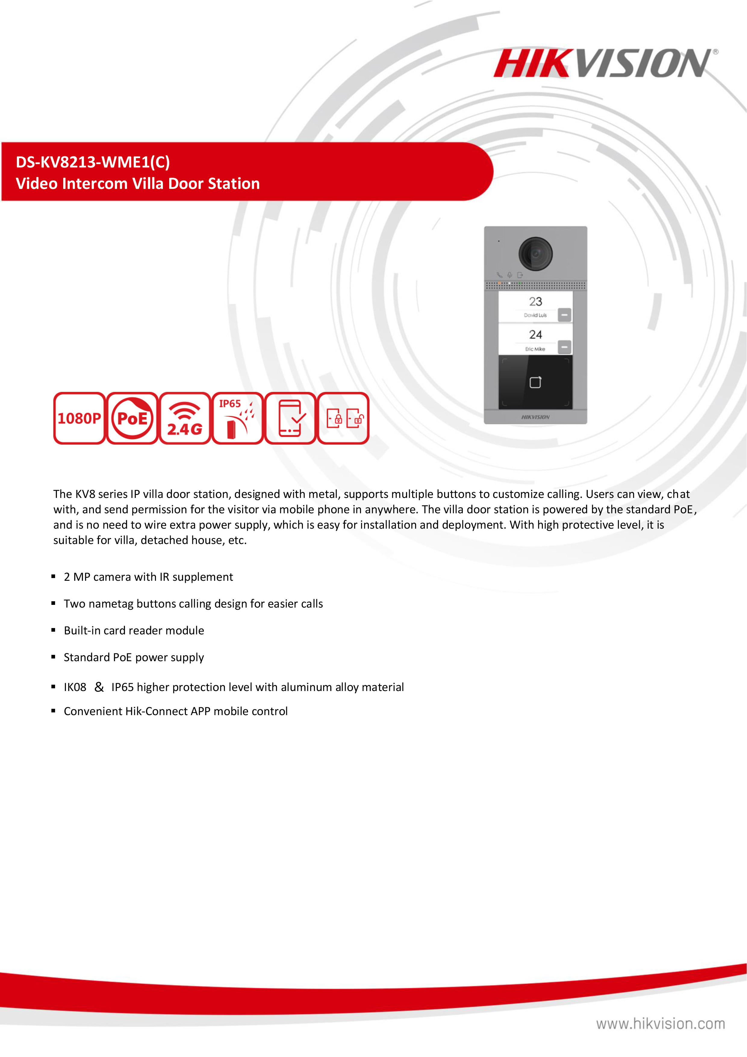 HIKVISION DS-KV8213-WME1(C) : 2 MP 2 Buttons Metal Villa Door Station, POE BY BILLIONAIRE SECURETECH DS-KV8213-WME1(C)