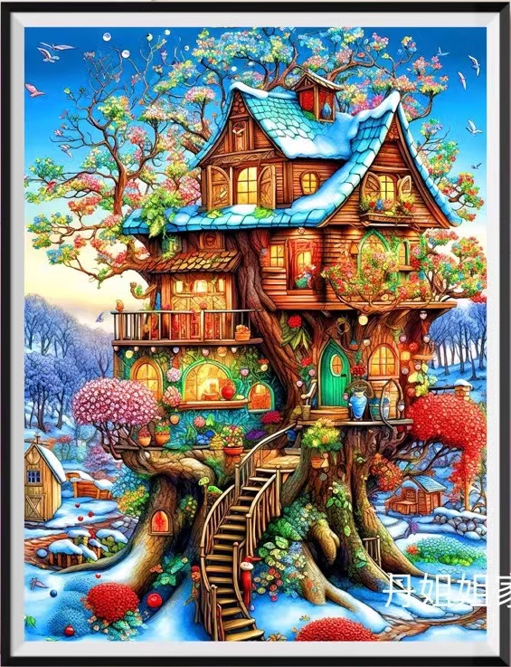 home-1121 *สินค้าหมด* ชุดปักครอสติช ลายบ้านต้นไม้ (ปักเต็มผืนผ้า ไม่มีเดินเส้น ผ้า 9CTพิมพ์ลาย มีประกาย ปัก 4 เส้นเล็ก) ขนาด 61*81 ซม.ผ้าครอสติช 9CTพิมพ์ลายปักบนผ้า ไหมคอตตอน 41 สี ผังลาย เข็ม