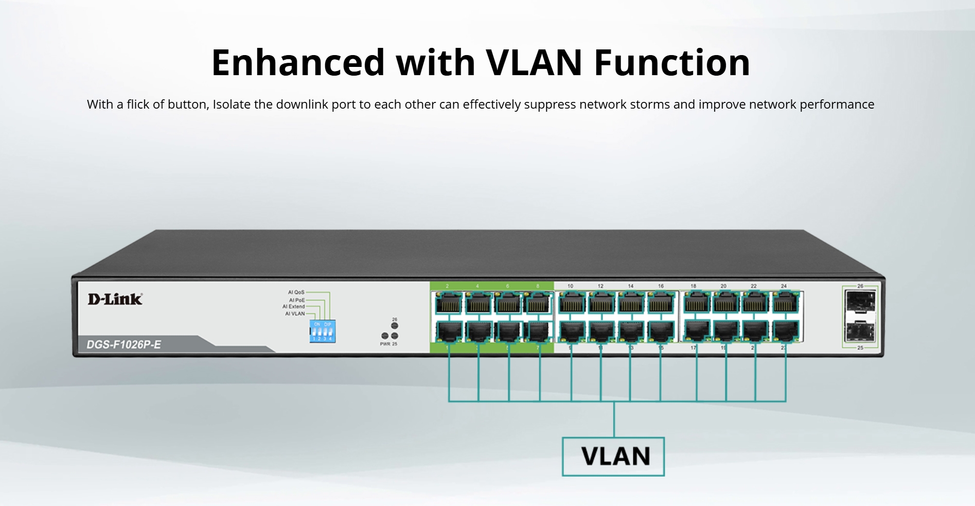 D-LINK DGS-F1026P-E : 250M 26-Port Unmanaged Gigabit Switch with 24 PoE Ports (250W) and 2 SFP Uplink Ports BY BILLIONAIRE SECURETECH DGS-F1026P-E