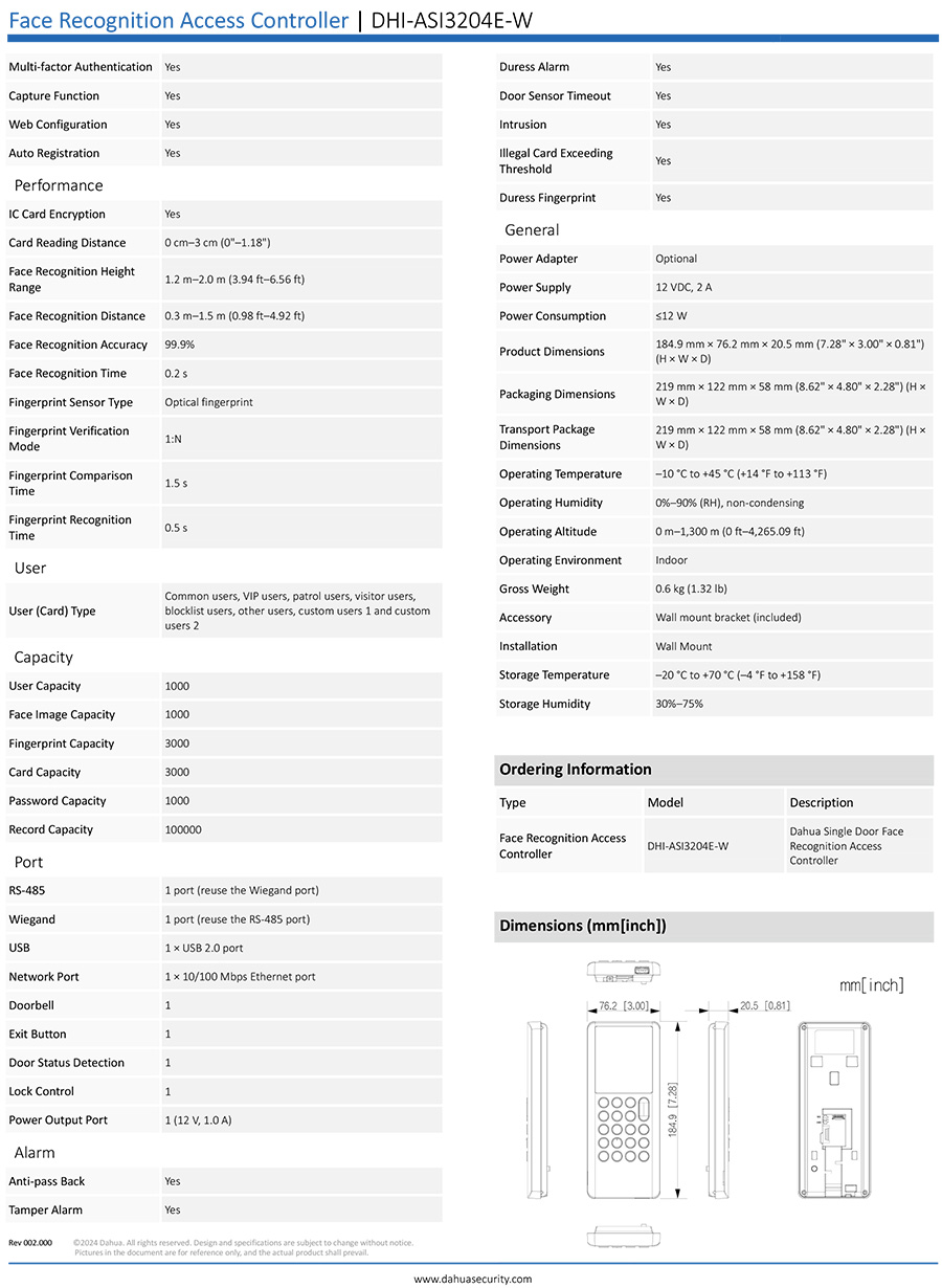 DAHUA ASI3204E-W Face Recognition Access Controller บันทึกเวลา และใช้คุมประตูได้ BY BILLIONAIRE SECURETECH ASI3204E-W