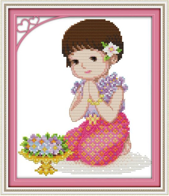 girl-1015 *พร้อมส่ง* ชุดปักครอสติช ลายกราบผู้ใหญ่ (ผ้า11CTพิมพ์ลาย ปักครั้งละ 3 เส้นเล็ก) ขนาด 27*34 ซม.ผ้าครอสติช 11CTพิมพ์ลายปักบนผ้า ไหมคอตตอน 27 สี ผังลาย เข็ม